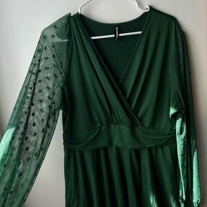 Emerald Green Sheer Sleeves Flowy Plus Size Wrap Blouse